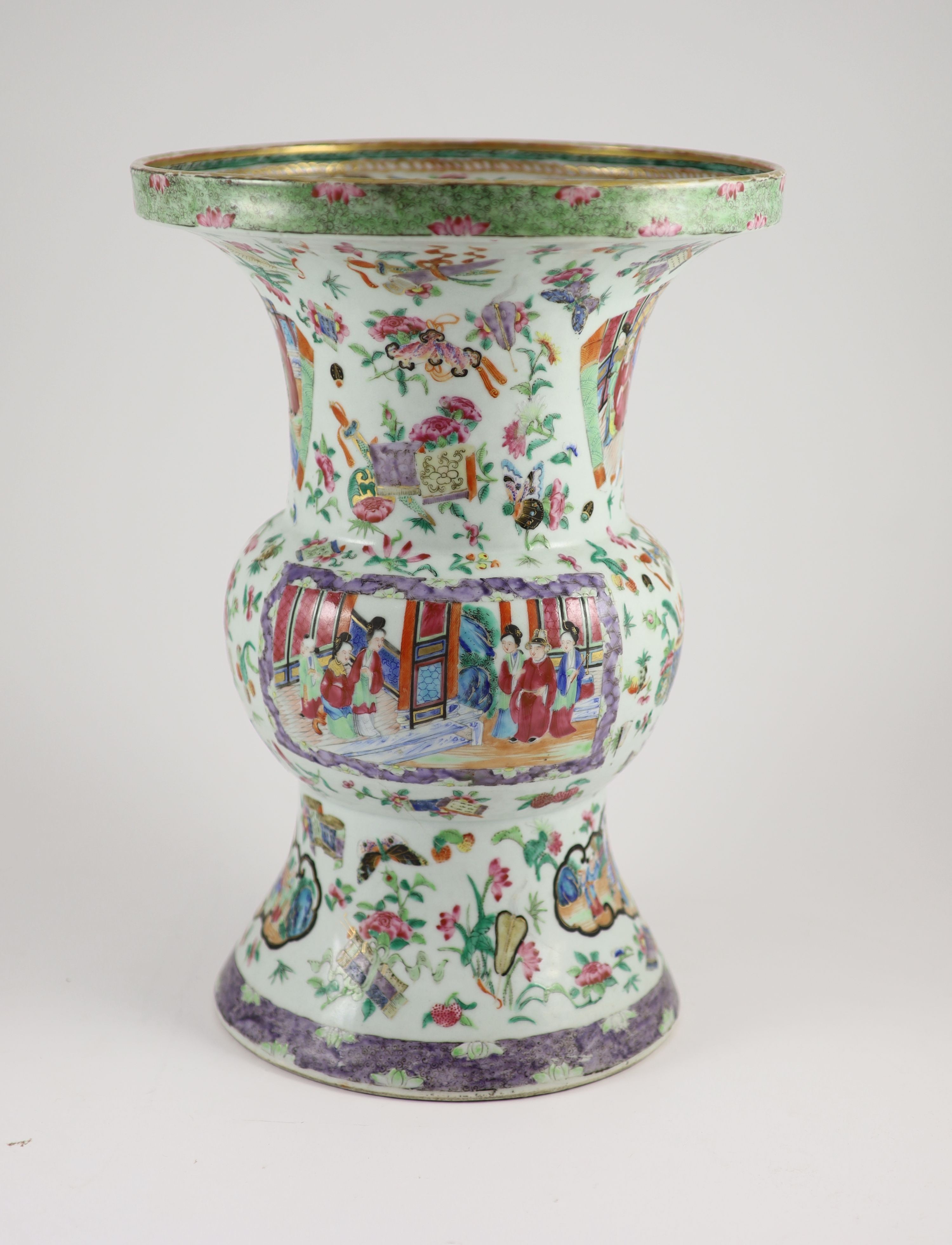 A Chinese famille rose zun-shaped vase, mid 19th century 38 cm high, hairline star crack to base